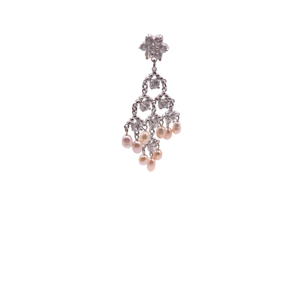 Silver Chandelier Earrings With Pink Pearl Drops & Rhinestone Accents For Women - Picture 5 of 8